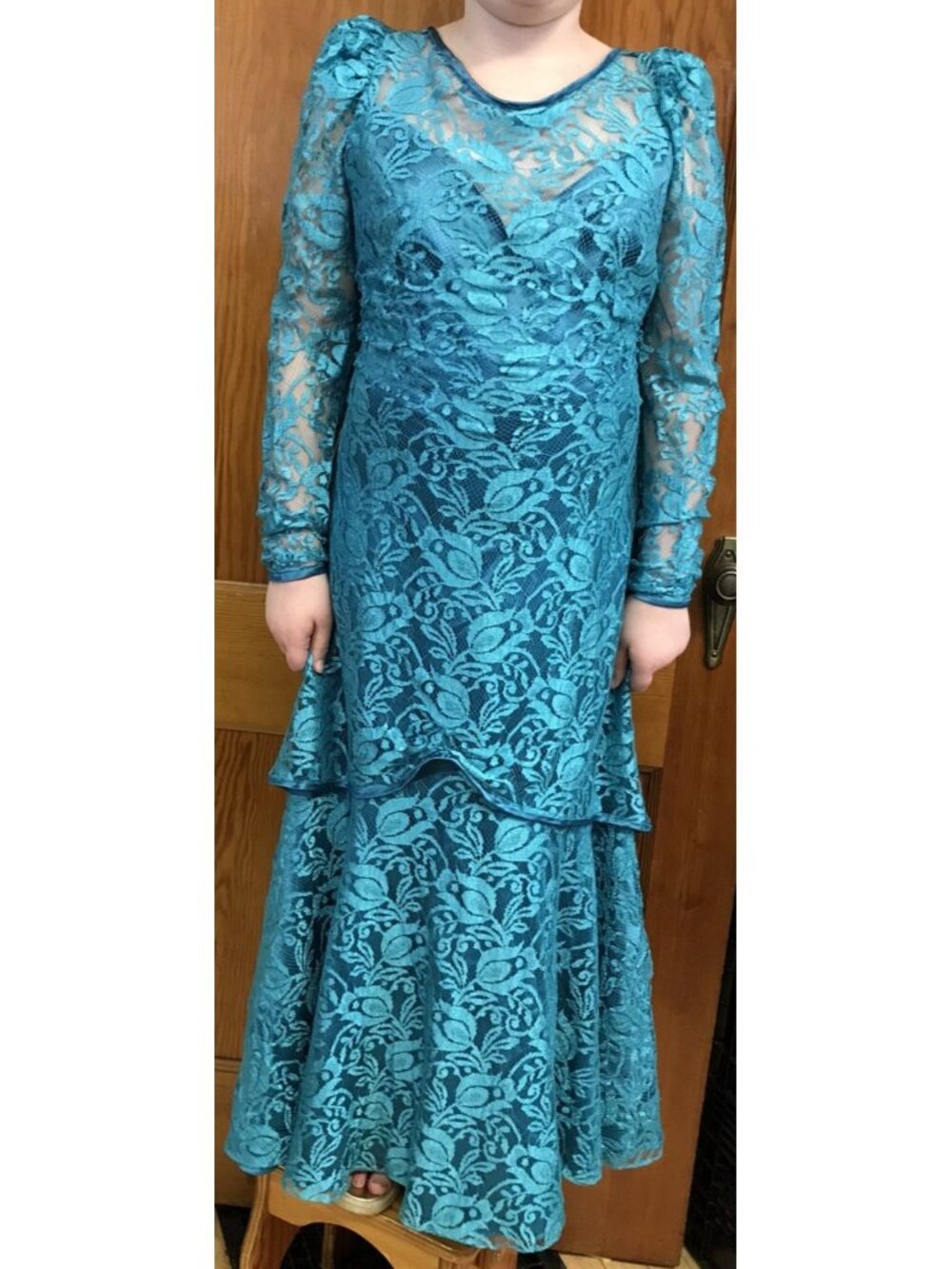 Vintage 80s Made in Canada Highlite Toronto Teal Green Lace Dress Train Size 6 8